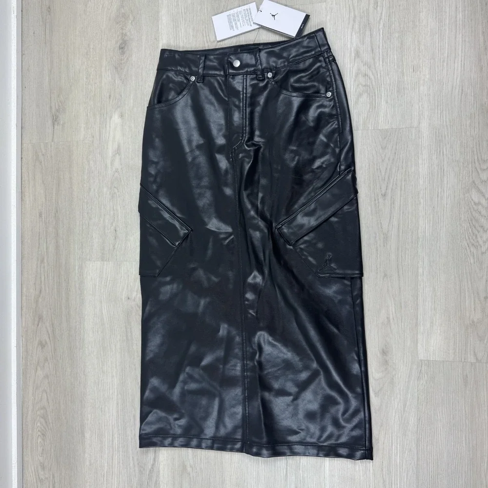 Nike Jordan Flight Chicago Faux Leather Midi Skirt Womens 4 Black IO0583 010